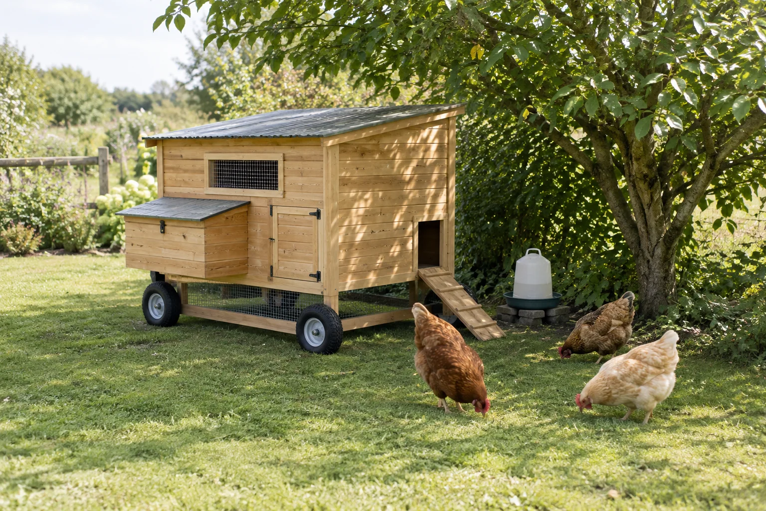 Illustrazione di un pollaio mobile in legno con una rampa, tre galline che razzolano e un abbeveratoio in un giardino verde.