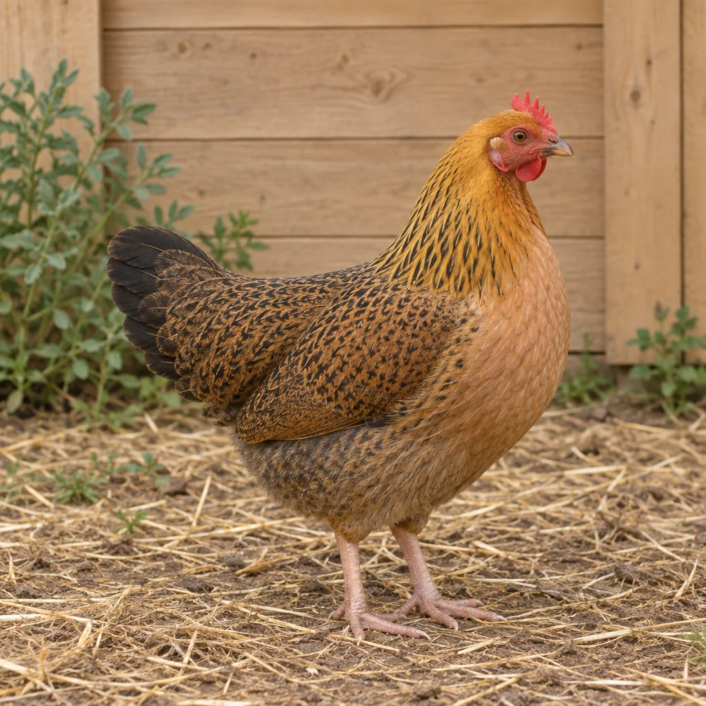 Illustrazione di una gallina Mugellese dal piumaggio bruno dorato e dalla coda scura, in piedi su un terreno con paglia.