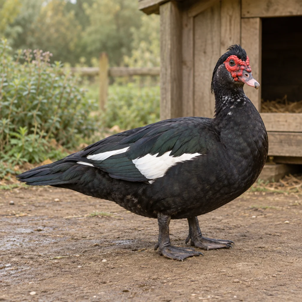 Anatra di Barberia nera con macchie bianche sulle ali e pelle rossa intorno agli occhi, in piedi in un cortile accanto a un riparo in legno.