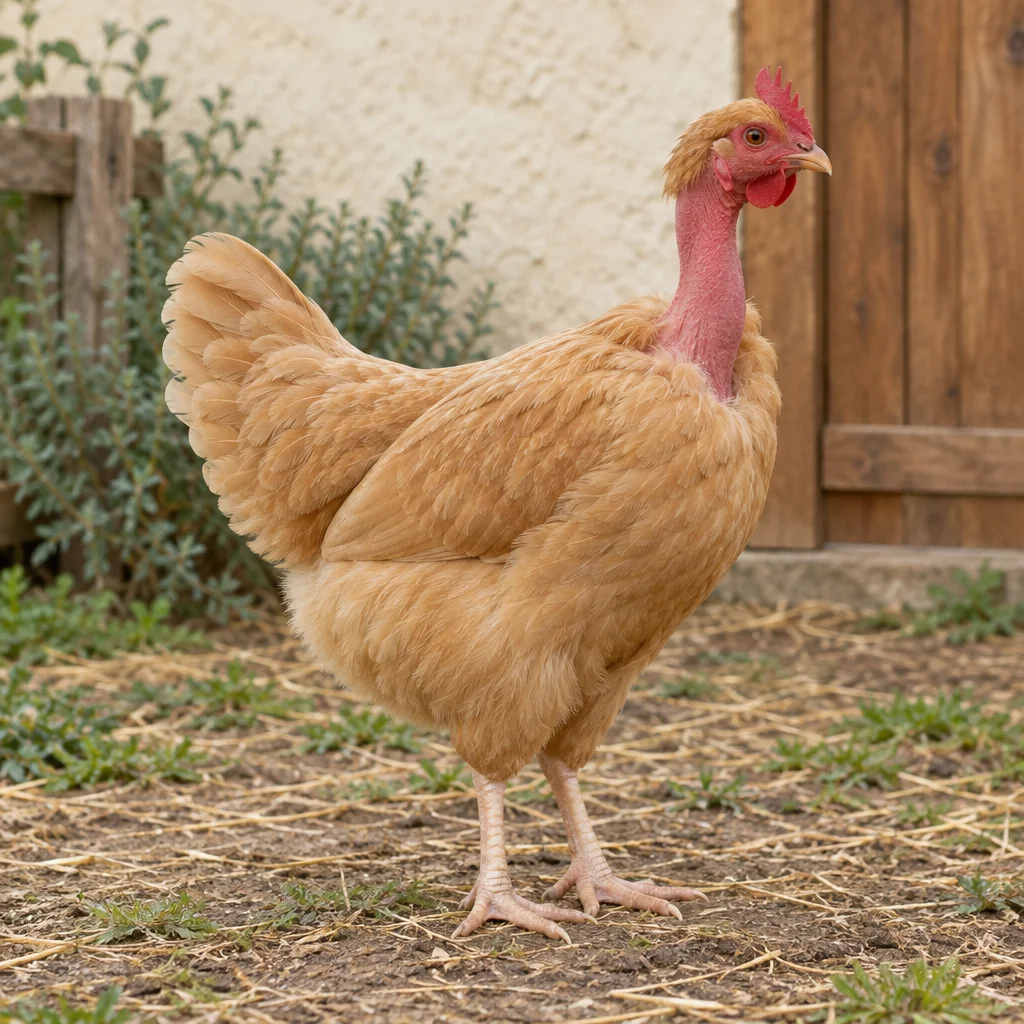 Illustrazione di un Naakthalshoen giallo chiaro con il collo rosso privo di piume, in piedi in un cortile.
