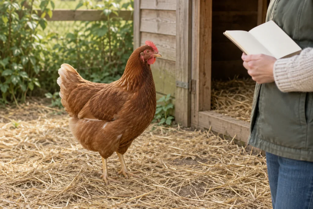 Una gallina marrone è in piedi sulla paglia accanto a un pollaio di legno. Accanto a lei, una persona tiene in mano un quaderno aperto e vuoto.