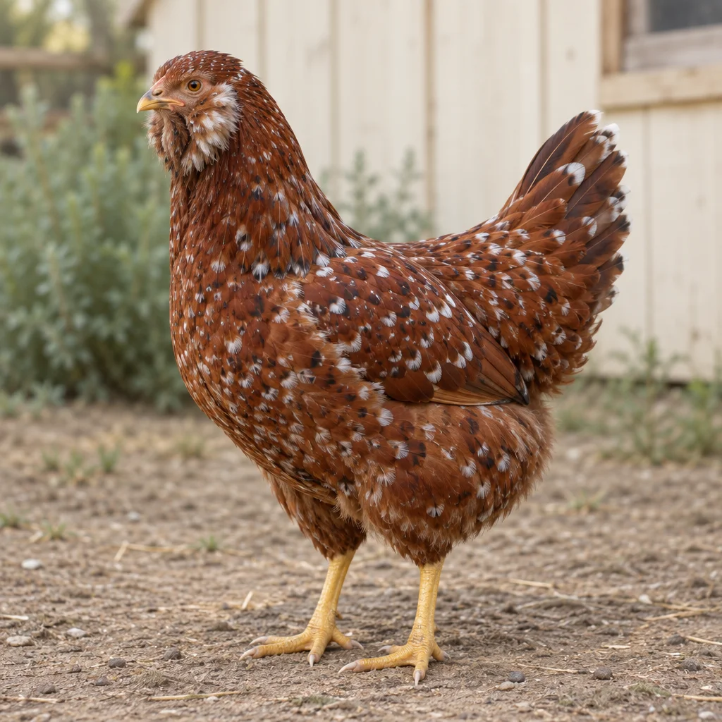 Illustrazione di una gallina Orloff rosso pezzata, con barba folta e coda eretta, in un cortile.