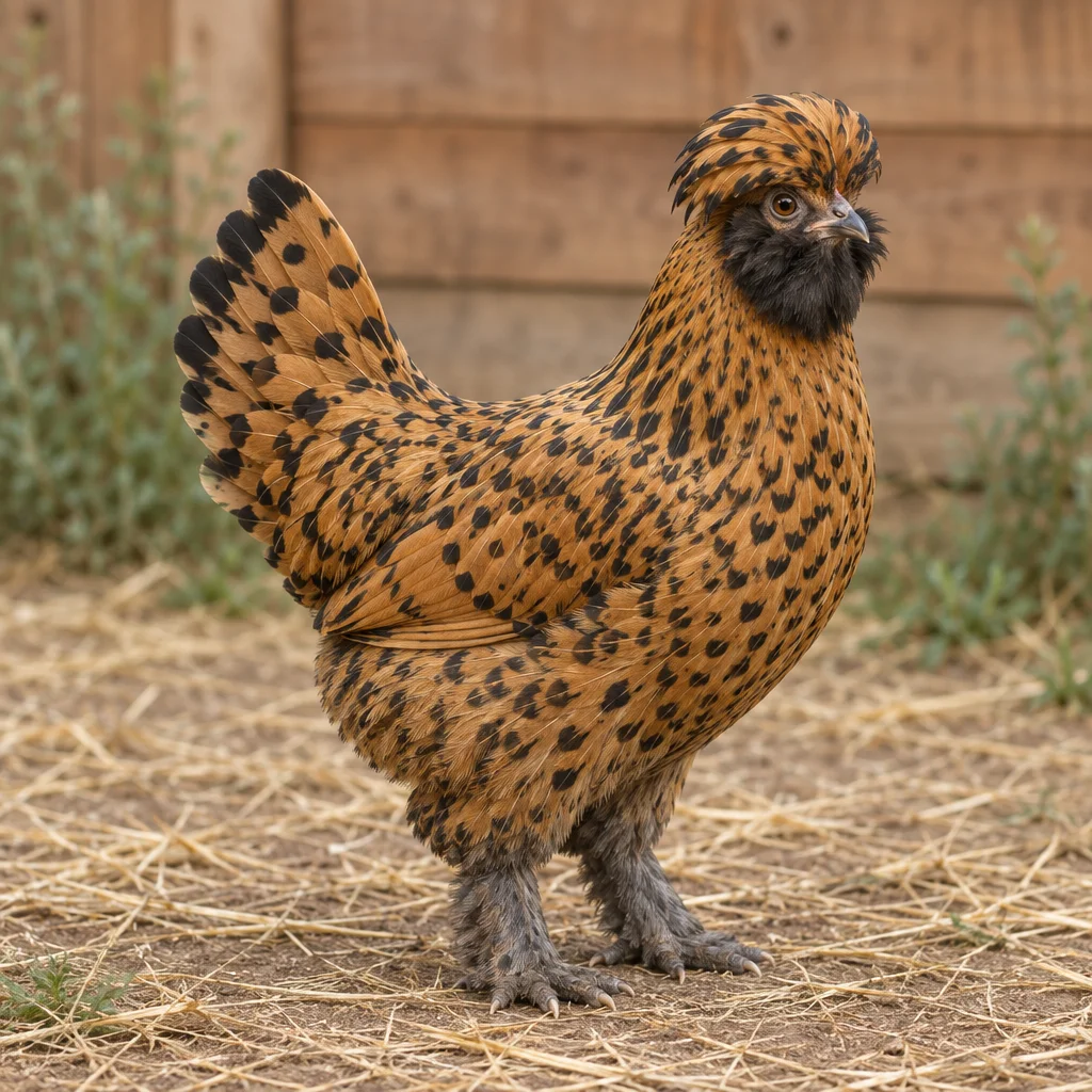 Illustrazione di una gallina Pavlovskaja dorata con barba nera, ciuffo, coda alta e zampe piumate.