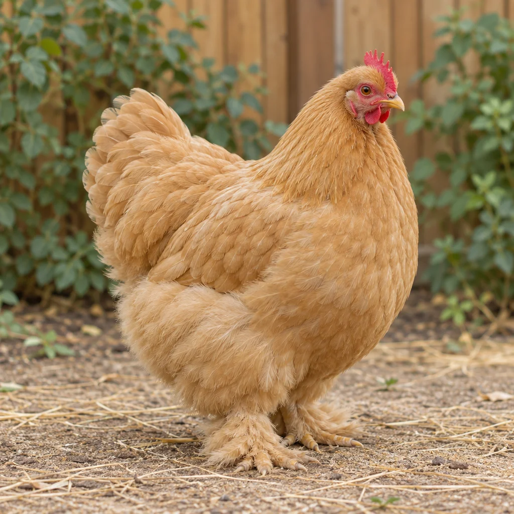 Una gallina piccola e rotonda, dal piumaggio marrone dorato, con cresta rossa e zampe piumate, sta su terreno asciutto davanti a una recinzione di legno.