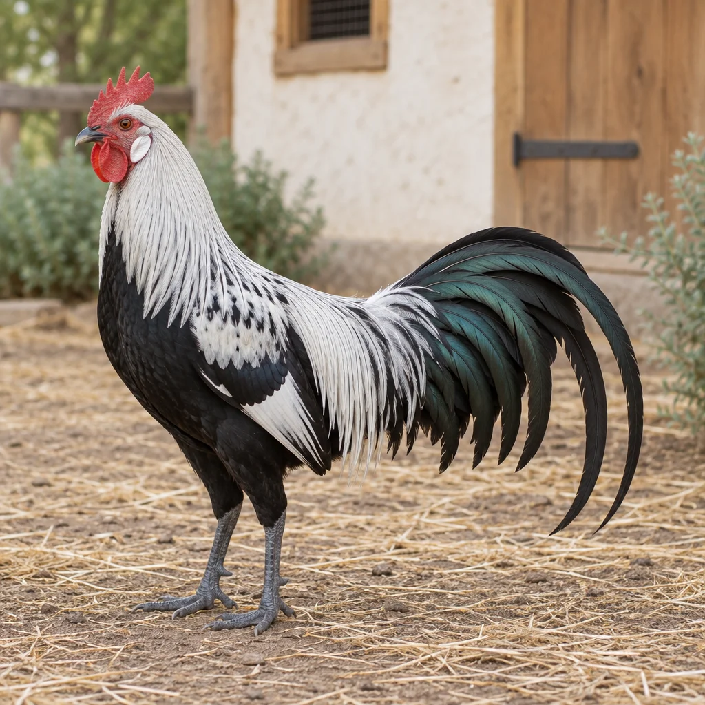 Gallo bianco argentato e nero con una lunga coda scura, in piedi sulla paglia davanti a un pollaio di legno.