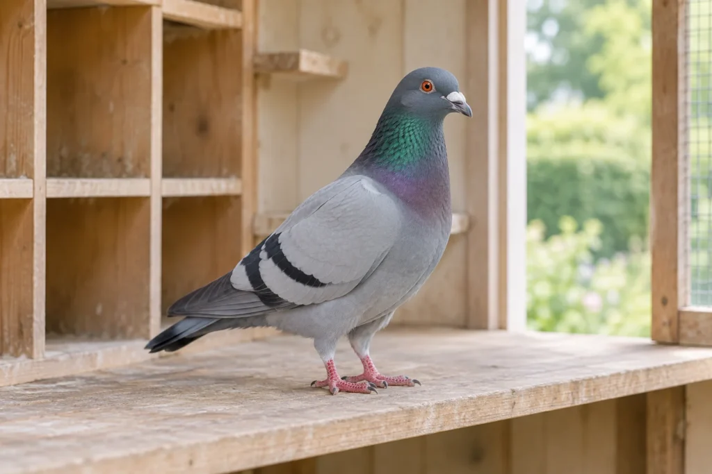 Un piccione grigio sta su una tavola di legno in una piccionaia, con scomparti vuoti per appollaiarsi e del verde sullo sfondo.