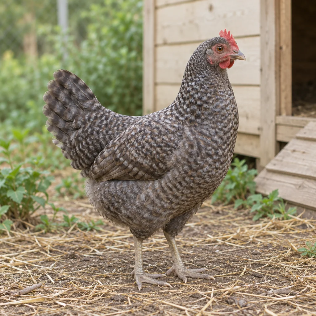 Illustrazione di una gallina Polbar dal piumaggio barrato accanto a un pollaio.