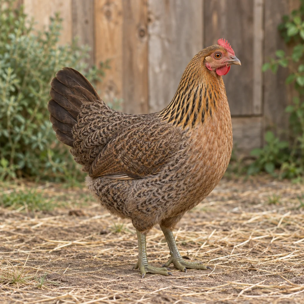 Gallina dal piumaggio bruno disegnato, con cresta rossa e zampe verde oliva, in uno spazio con paglia davanti a una parete di legno.