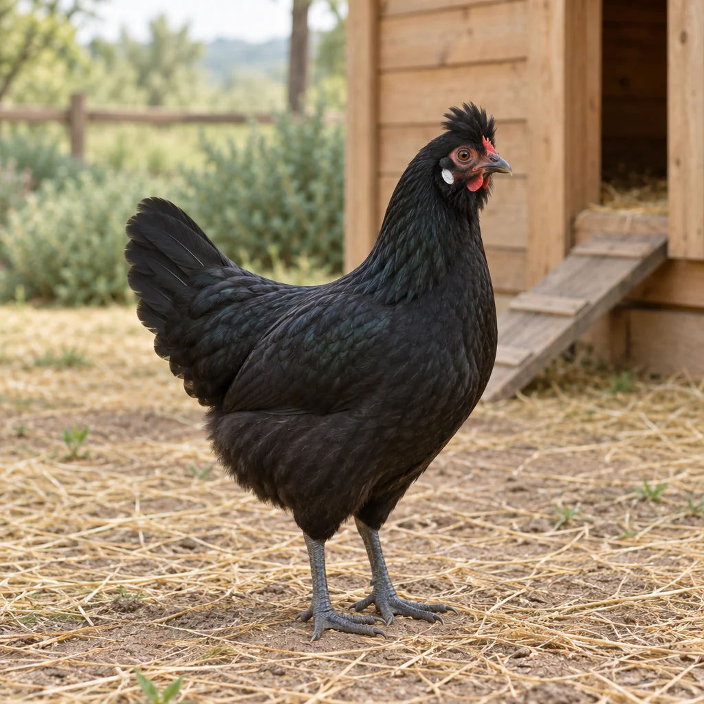 Gallina nera con un piccolo ciuffo eretto e zampe grigie sulla paglia davanti a un pollaio in legno.