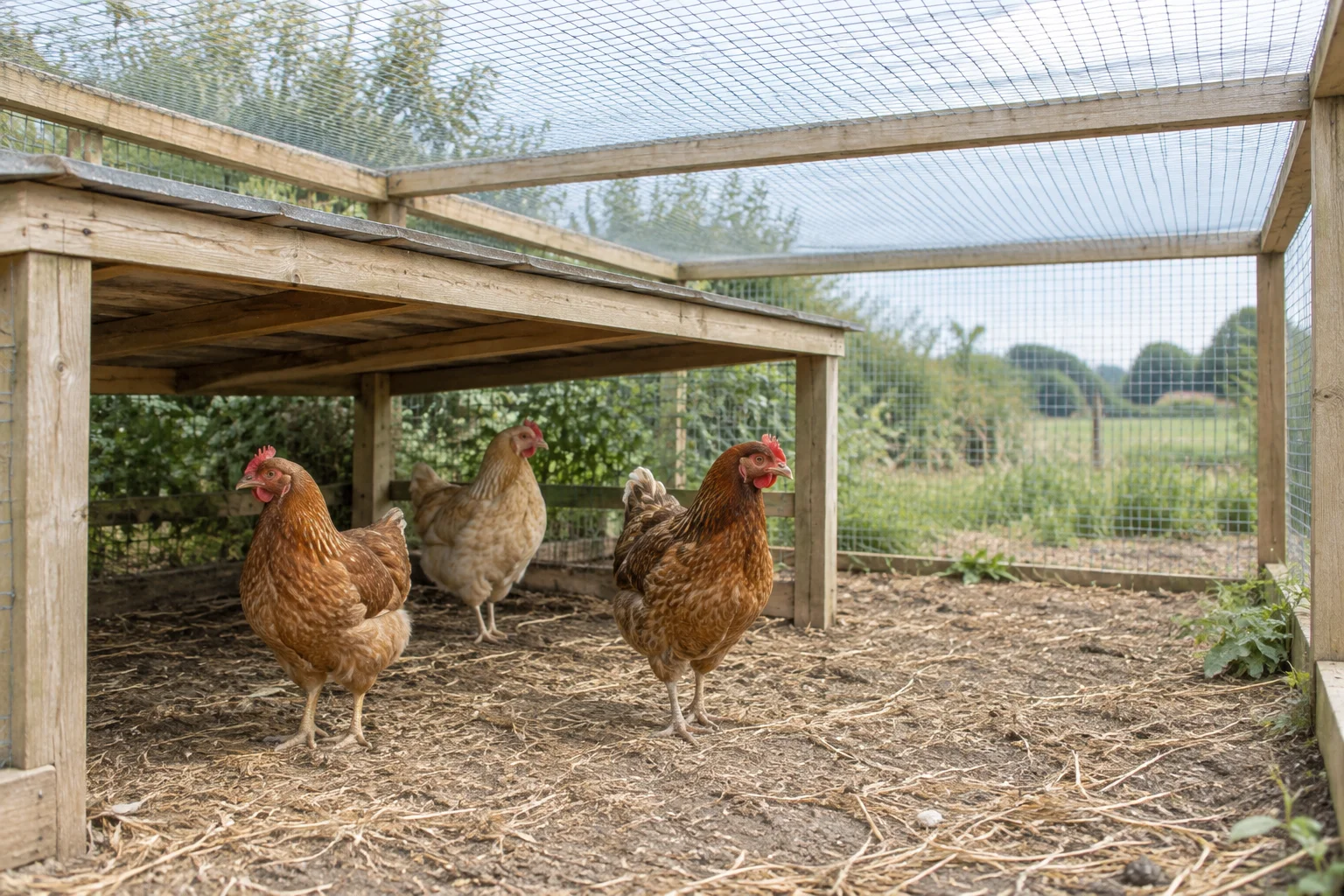 Tre galline in uno spazio esterno coperto da una rete metallica, con un basso riparo in legno.