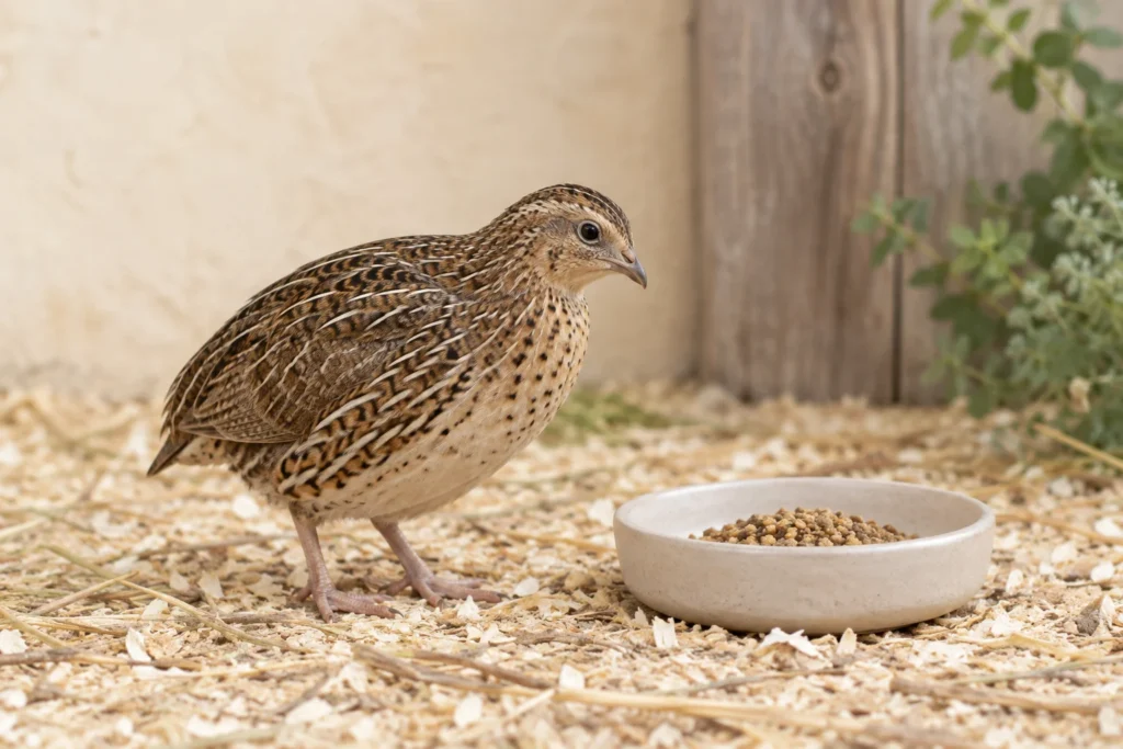 Una quaglia marrone maculata è accanto a una ciotola bassa con mangime in granuli, su una lettiera di trucioli di legno.