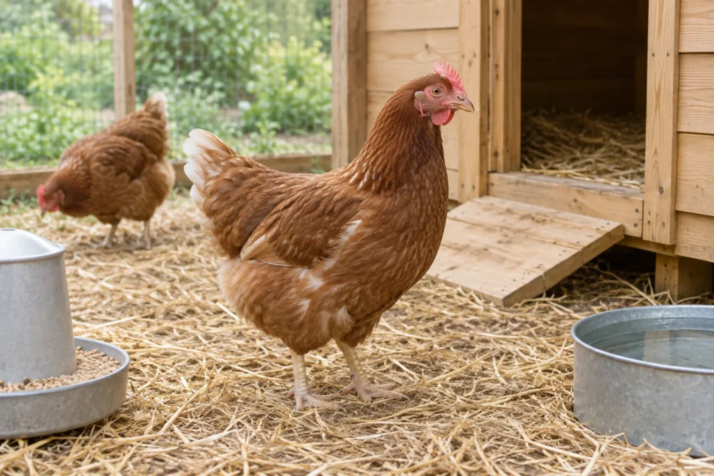 Due galline marroni accanto a un pollaio di legno con paglia, una mangiatoia e una ciotola d'acqua.