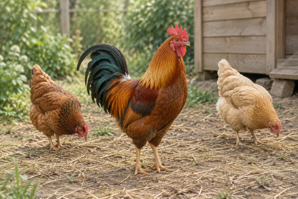 Un gallo rossiccio sta tra due galline che razzolano sul terreno coperto di paglia vicino a un pollaio di legno.