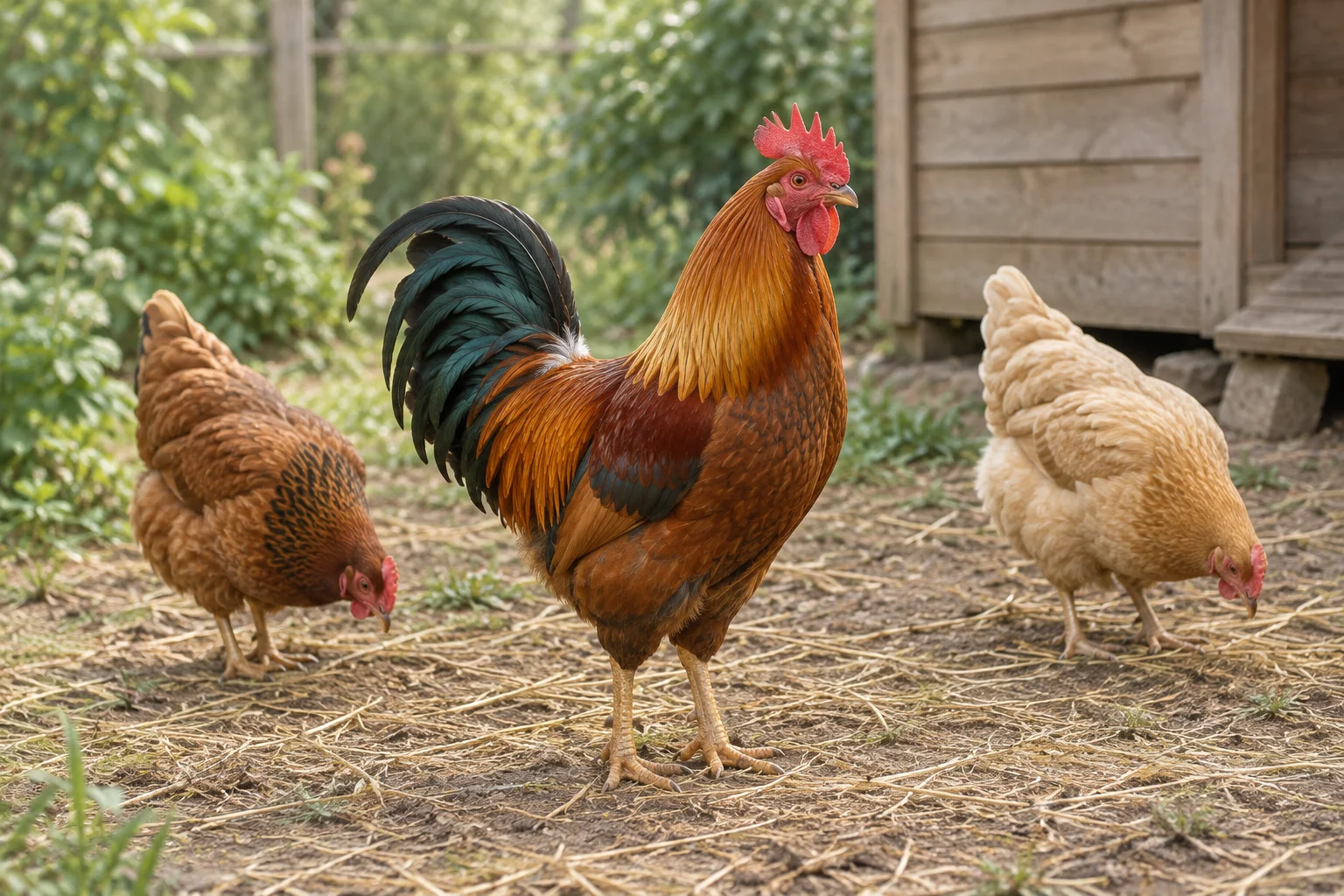 Un gallo rossiccio sta tra due galline che razzolano sul terreno coperto di paglia vicino a un pollaio di legno.
