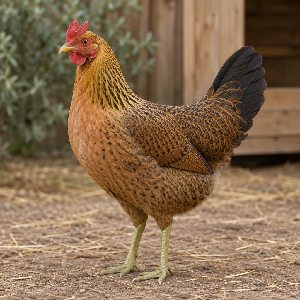 Una gallina bruno dorata con cresta rossa a coppa, lobi auricolari rossi e zampe verdastre si trova in un cortile con paglia.