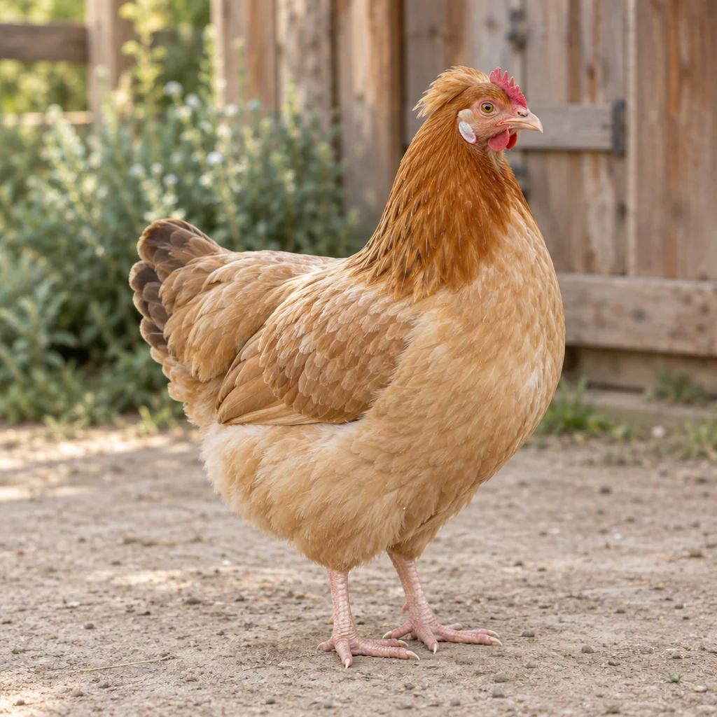 Illustrazione di una gallina color frumento con un piccolo ciuffo rivolto all'indietro in un cortile.