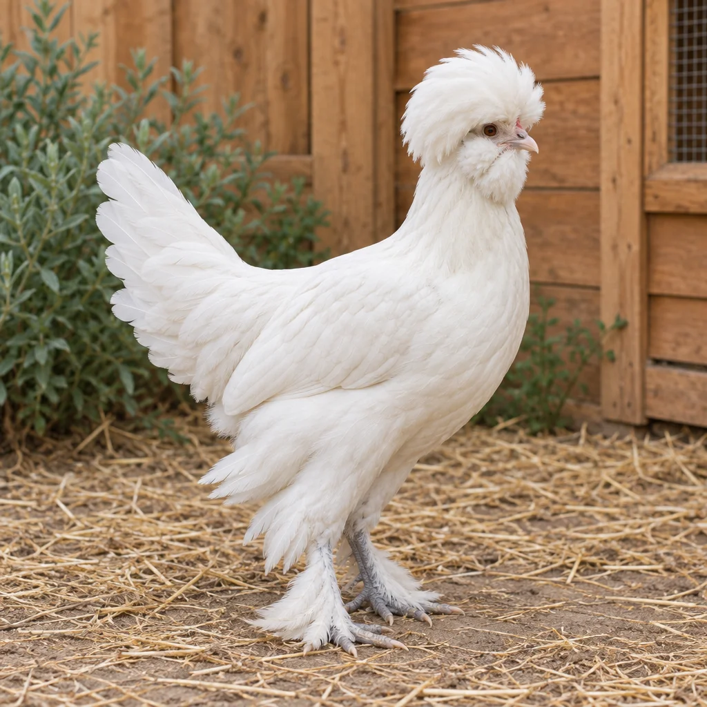 Illustrazione di una gallina Sultan bianca con un ciuffo folto, piume intorno alle guance e zampe piumate in un recinto per galline.