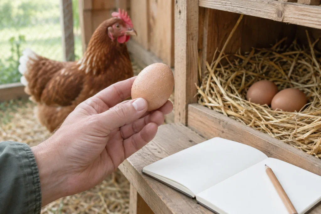 Una mano tiene un uovo con il guscio leggermente ruvido vicino a un nido con due uova. Sul bordo di legno ci sono un quaderno vuoto e una matita; sullo sfondo si vede una gallina marrone.
