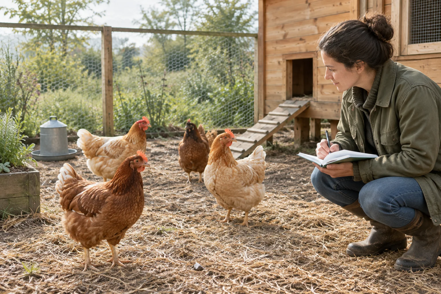 Una donna prende appunti osservando quattro galline in un recinto accanto a un pollaio.