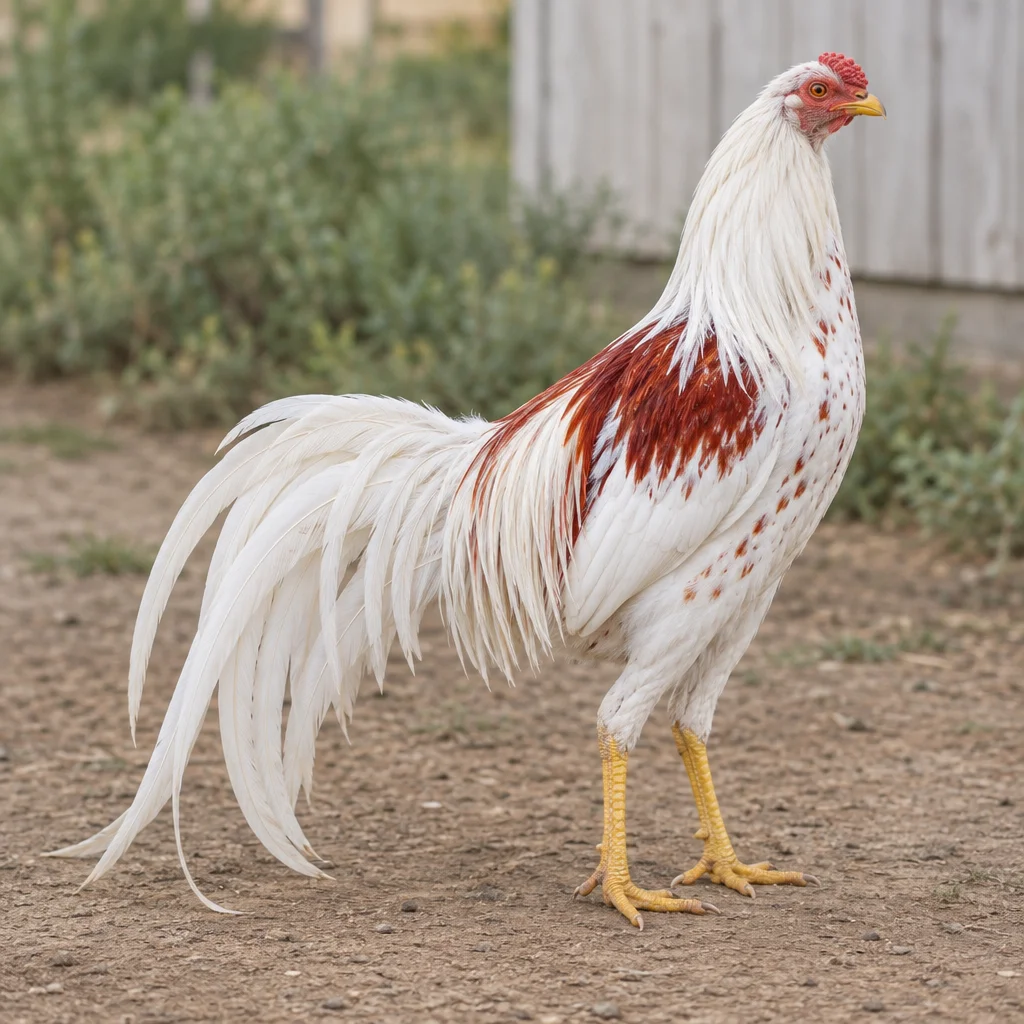 Illustrazione di un gallo Yokohama bianco con disegni rossi, lunghe penne della coda e zampe gialle in una fattoria.