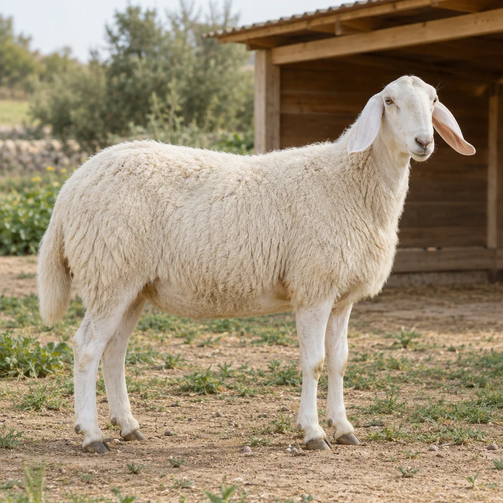 Pecora bianca con lunghe orecchie pendenti accanto a un riparo in legno, con tutti e quattro gli zoccoli visibili.
