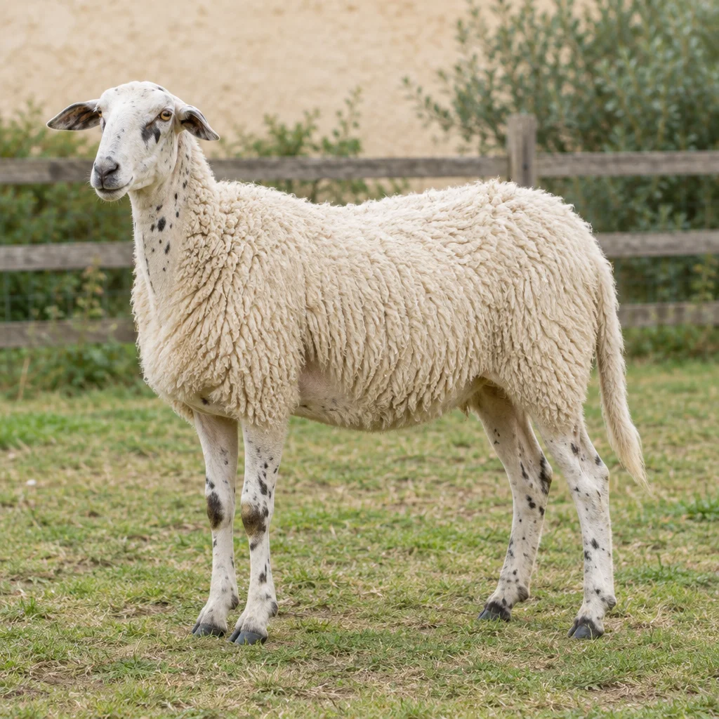 Una pecora bianca con piccole macchie scure sulla testa, sul collo e sulle zampe si trova in un prato davanti a una staccionata di legno.