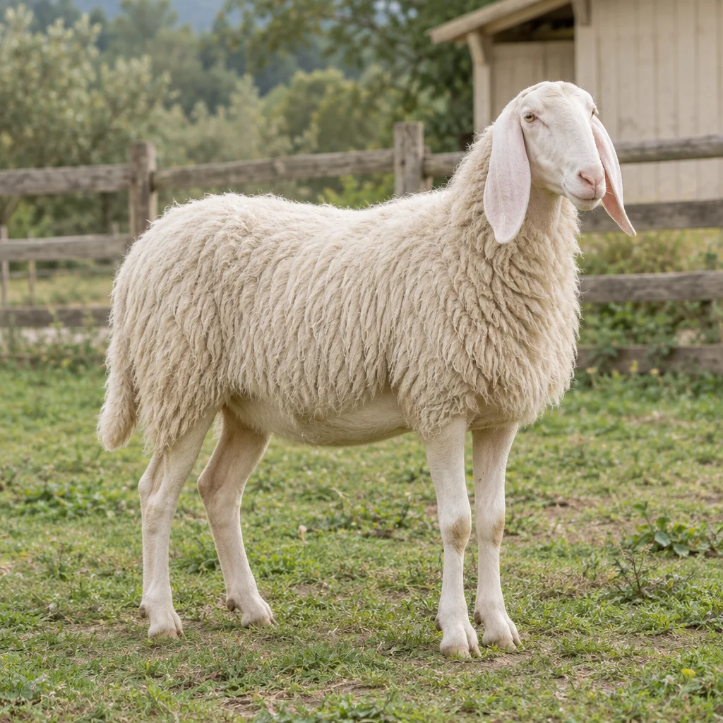 Pecora bianca con lunghe orecchie pendenti, visibile per intero accanto a una staccionata di legno.