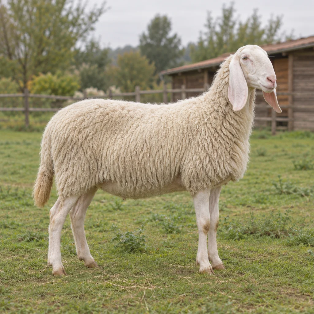 Una grande pecora bianca con lunghe orecchie pendenti è interamente visibile sull'erba, con un capanno in legno sullo sfondo.