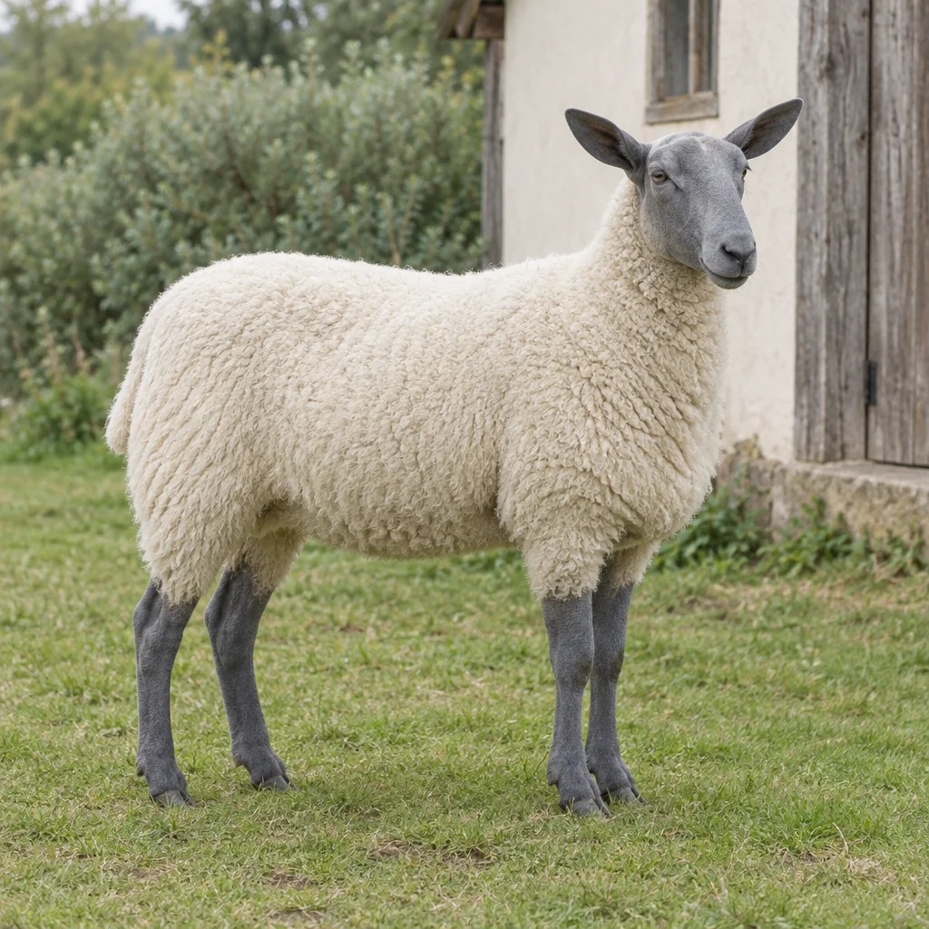 Una pecora con lana bianca, testa grigio ardesia priva di lana e zampe scure è in piedi sull'erba davanti a un edificio agricolo.