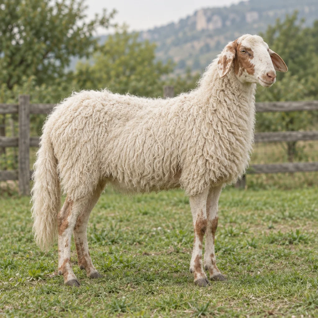 Pecora bianca con macchie bruno rossastre sulla testa e sulle zampe, in piedi in un pascolo erboso vicino a una staccionata di legno.