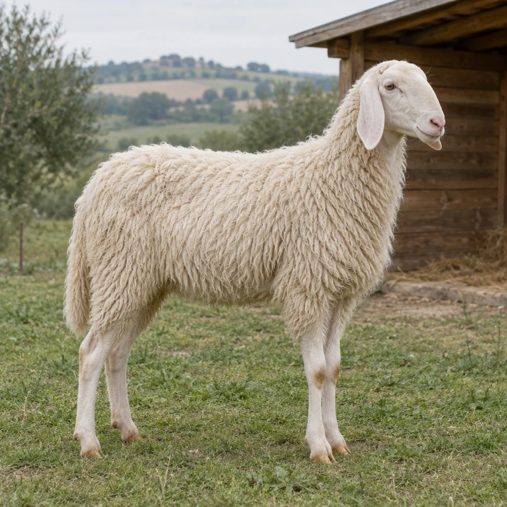 Pecora bianca con orecchie pendenti e profilo nasale leggermente arcuato sull’erba accanto a un riparo in legno.