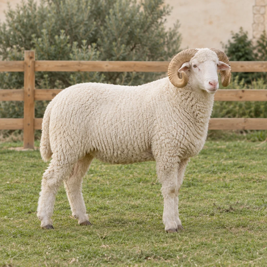 Un ariete bianco con corna ricurve sta sull'erba davanti a una staccionata di legno.