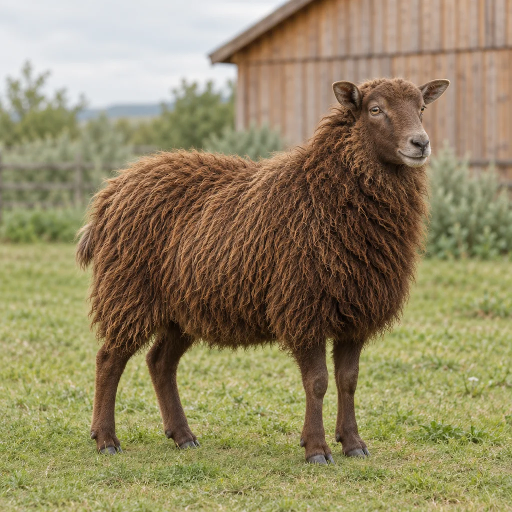 Una pecora marrone senza corna è in piedi in un prato, con tutte e quattro le zampe visibili e un capanno di legno sullo sfondo.