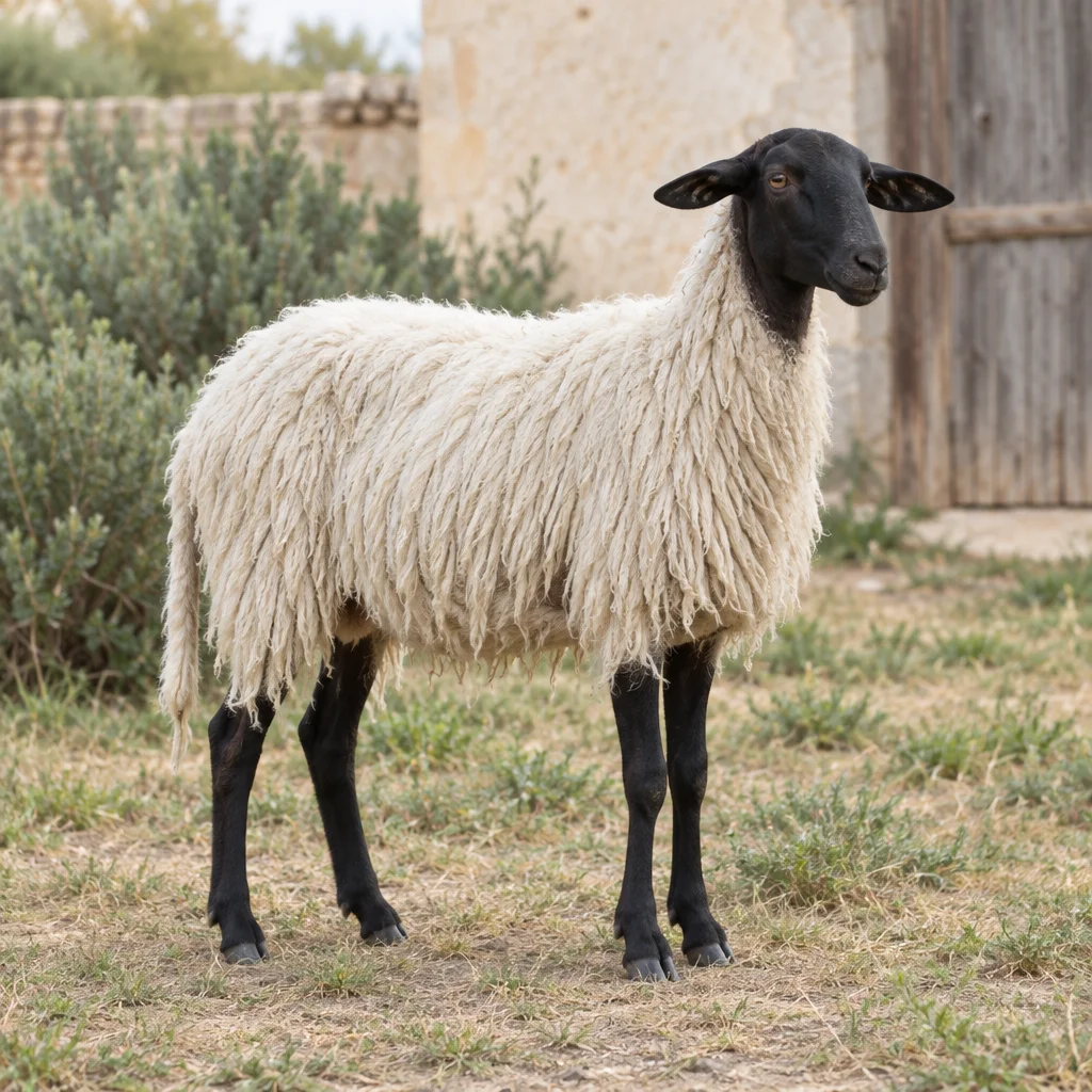 Una pecora con lana bianca ricadente, testa nera e zampe nere sta sull'erba secca davanti al muro chiaro di una fattoria.