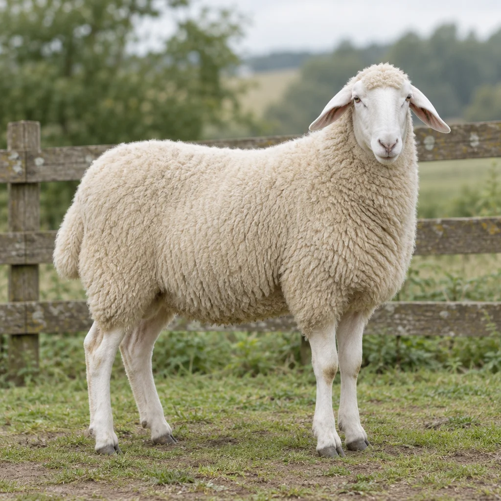 Una pecora bianca dal vello folto, con un leggero ciuffo lanoso e orecchie larghe, leggermente pendenti, sta davanti a una staccionata di legno, con tutte e quattro le zampe visibili.