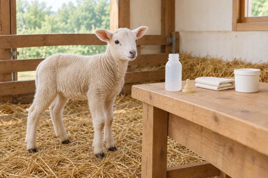Un agnello è in piedi sulla paglia accanto a un tavolo di legno con una bottiglia vuota, una tettarella staccata, un panno piegato e un barattolo bianco.