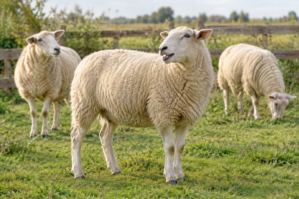 Una pecora bianca con la bocca aperta si trova in un prato, con altre due pecore vicino a una recinzione di legno.