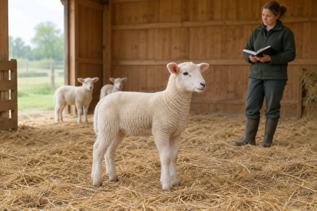 Un agnello bianco è in piedi sulla paglia in una stalla di legno. Dietro di lui ci sono altri due agnelli; una donna tiene in mano un quaderno aperto.