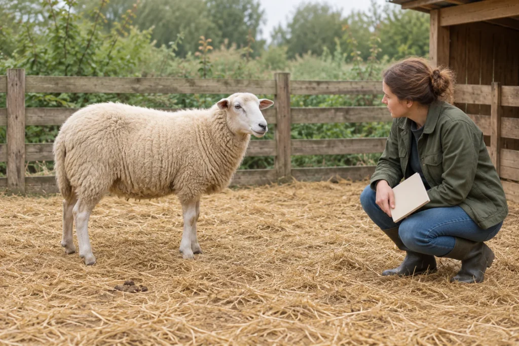 Una pecora è in piedi sulla paglia in un recinto di legno. Una donna accovacciata guarda l'animale e tiene in mano un taccuino chiuso. In primo piano si vedono alcuni escrementi.