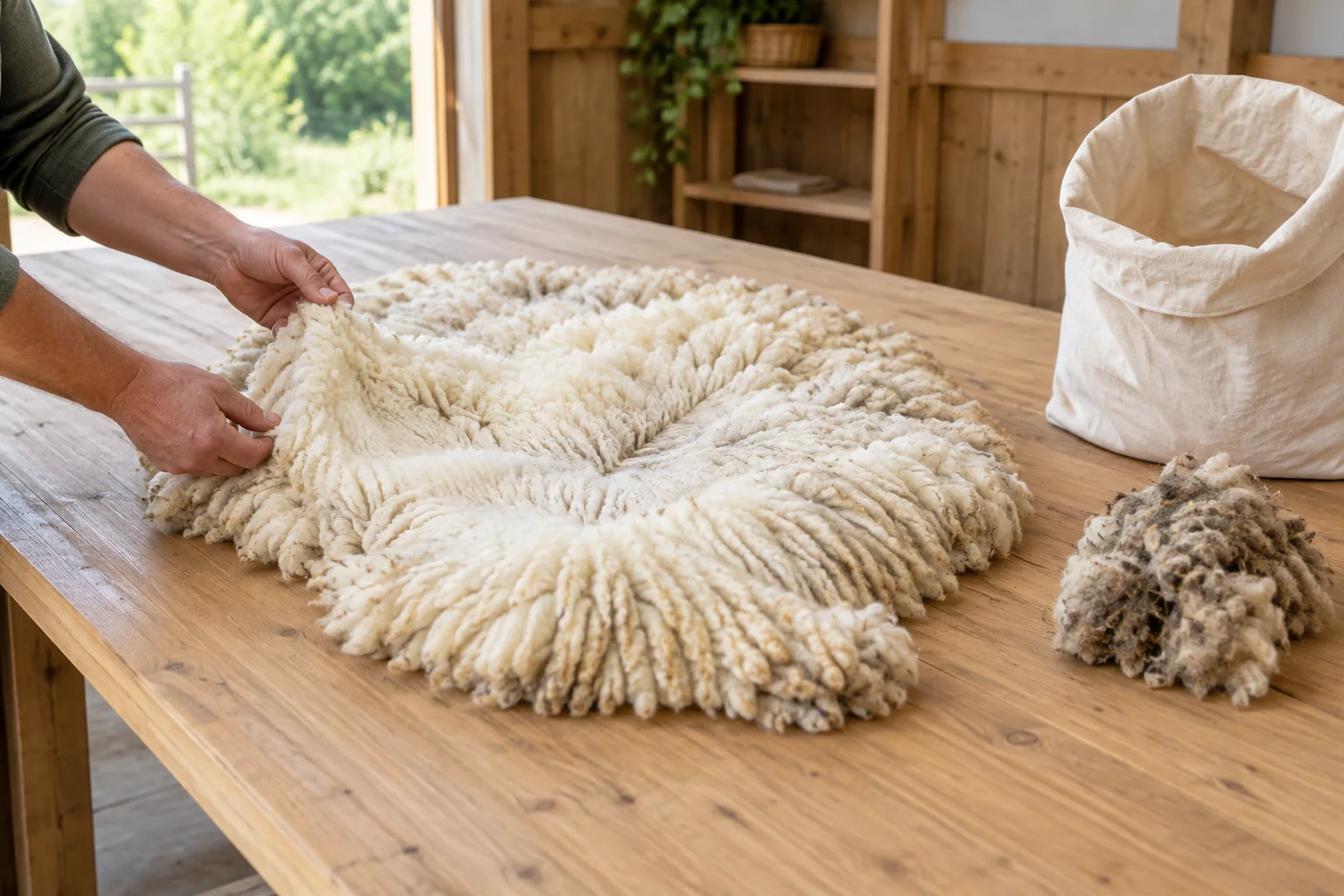 Delle mani esaminano un vello di pecora chiaro su un tavolo di legno. Accanto ci sono un ciuffo di lana scura e un sacco di stoffa aperto.