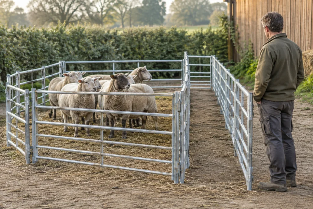 Un gruppo di pecore si trova tra pannelli metallici in un cortile. Accanto al recinto c'è un passaggio vuoto; una persona si trova all'esterno dei pannelli.