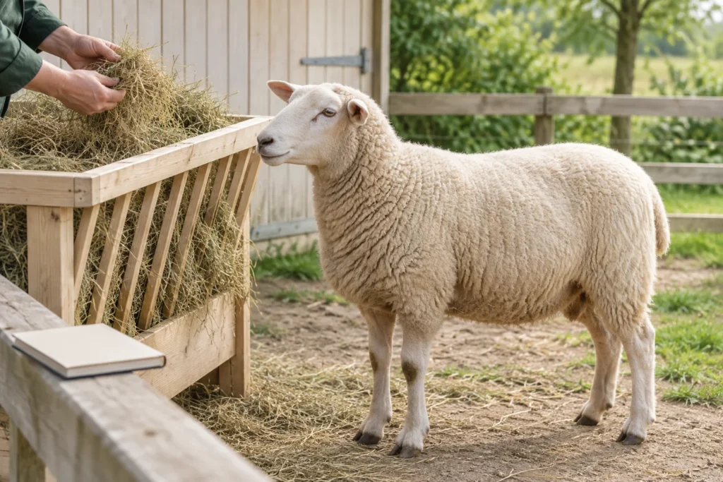 Una pecora bianca è accanto a una mangiatoia in legno con del fieno. Alcune mani tengono un ciuffo di fieno; in primo piano c’è un taccuino chiuso.