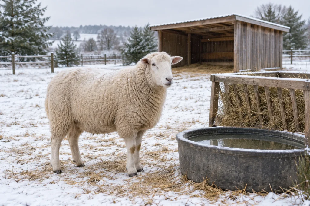 Una pecora bianca si trova in un pascolo innevato accanto a una vasca con acqua e a una rastrelliera con fieno. Sullo sfondo c'è un riparo in legno.