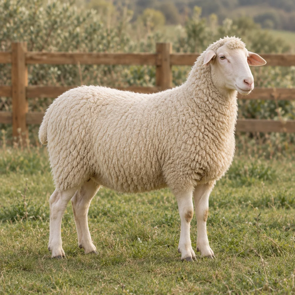 Una pecora bianca senza corna si trova in un prato davanti a una staccionata di legno, con tutte e quattro le zampe visibili.