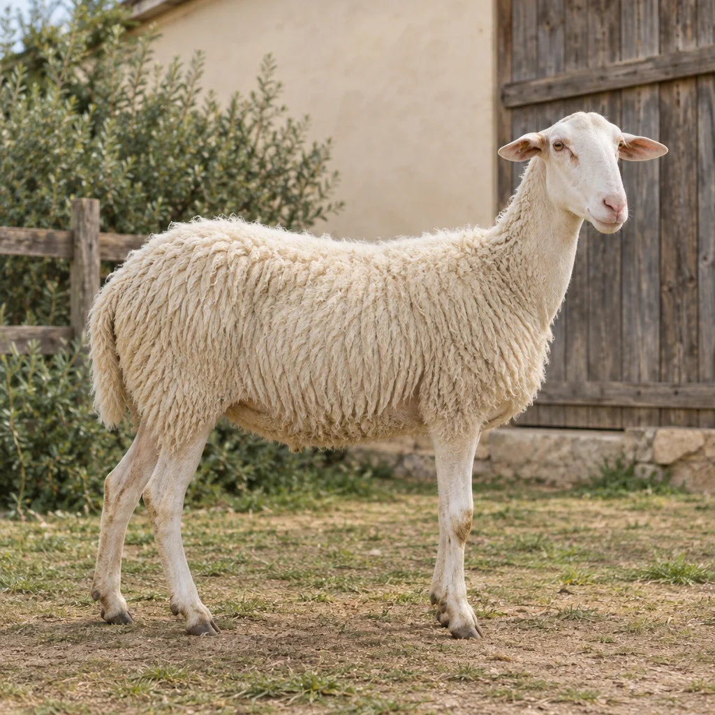 Una pecora bianca con la testa stretta e il contorno degli occhi di colore chiaro si trova davanti a un capanno di legno, con tutte e quattro le zampe visibili.