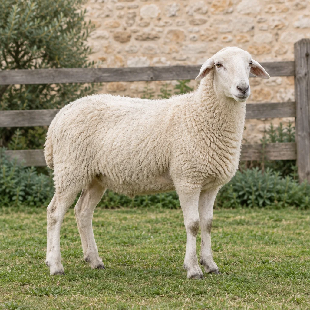 Una pecora bianca senza corna è in piedi sull'erba, con tutte e quattro le zampe visibili, davanti a una staccionata di legno e a un muro di pietra.