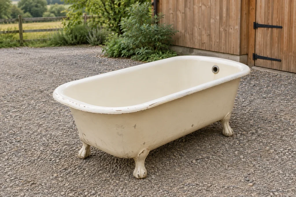 Vecchia vasca da bagno vuota su un'area in ghiaia accanto a un capanno in legno.