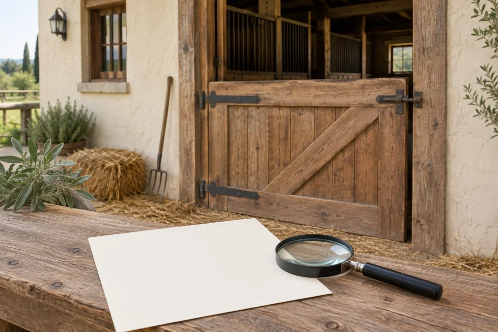 Illustrazione di una lente d'ingrandimento su un foglio di carta bianco, sopra un tavolo di legno davanti a una stalla.