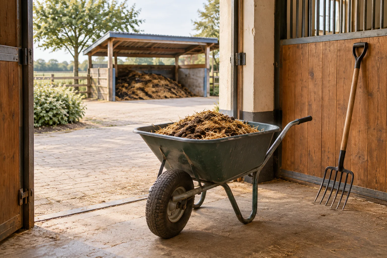 Carriola con paglia e letame accanto alla porta di una stalla, con un forcone per letame appoggiato alla parete e un punto di stoccaggio coperto sullo sfondo.