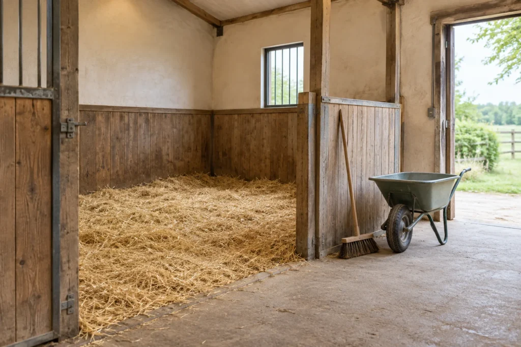 Spazio vuoto in una stalla con paglia, divisori in legno, una scopa e una carriola vicino a una porta aperta.